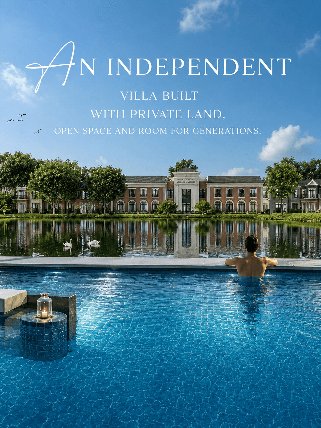 A villa community pool at twilight